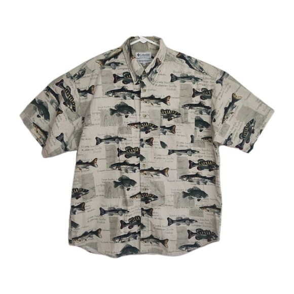 Columbia Button-Up Shirt Men's Size XL Tan Fishing Print Short Sleeves Casual - Picture 1 of 6